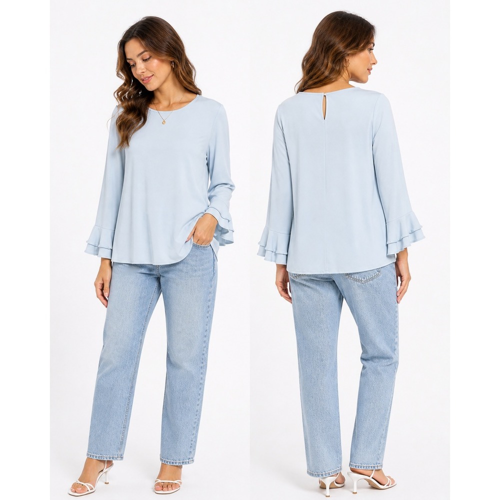 Karl Lagerfeld Ruffle Sleeve Blouse Womens Size S Light Blue Tiered Cuff Top